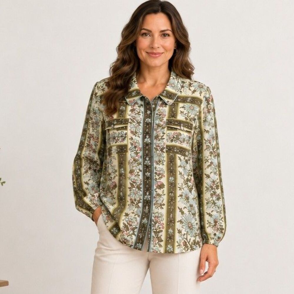 Spartina 449 Womens L 100% Ramie Floral Button Down Blouse Boho Pearl Buttons